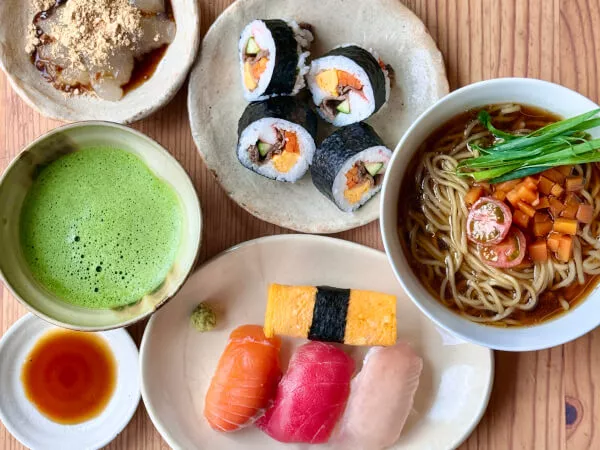 Shoyu Ramen & Nigiri Sushi & Wagyu Maki Sushi with Matcha & Wagashi